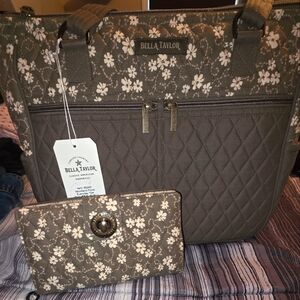 Bella Taylor Floral Tote and Wallet Set - Brown
